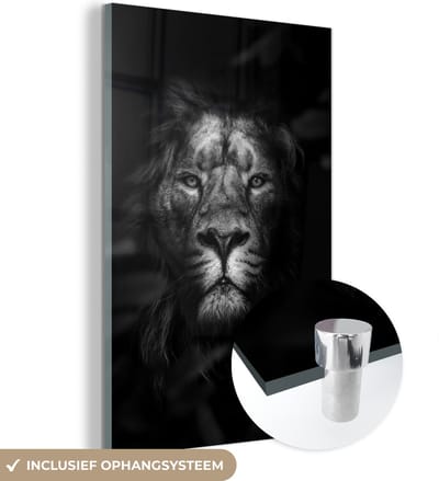 MuchoWow® Glasschilderij 40x60 cm - Schilderij acrylglas - Portret van een leeuw in de jungle - zwart wit - Foto op glas - Schilderijen