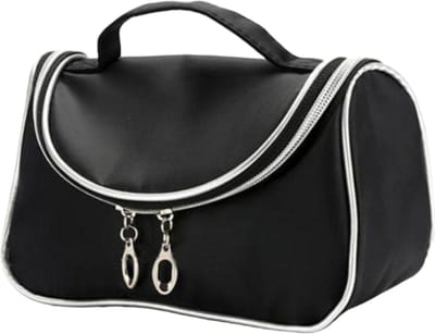 Fako Fashion - Make Up Tasje Met Spiegel - Cosmetica Organizer - Toilettas - Zwart Met Zilveren Bies
