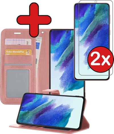 Hoesje - Met 2x Screenprotector - Geschikt voor Samsung Galaxy S21 FE - Luxe Pasjeshouder - Flip Case - Bookcase Portemonee - Kunstleer Book Case - Flipcase Hoes - Book Cover - Walletcase - Portemonneehoes - Telefoonhoes - Rosé goud