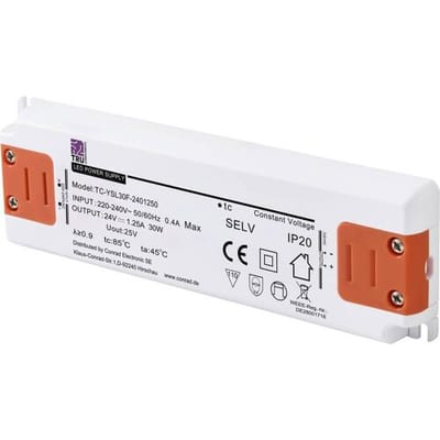 TRU COMPONENTS TC-YSL30F-2401250 LED-transformator Constante spanning 30 W 1.25 A 24 V/DC Geschikt voor meubels, Overspanning, Montage op ontvlambare