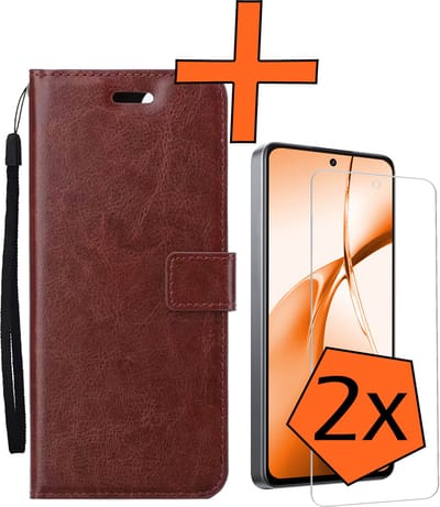 Hoes - Met 2x Screenprotector - Geschikt voor OnePlus Nord CE4 - Luxe Pasjeshouder - Bookcase Portemonee - Flip Case - Kunstleer Book Case - Flipcase Hoes - Book Cover - Walletcase - PortemonneeHoes - Bruin