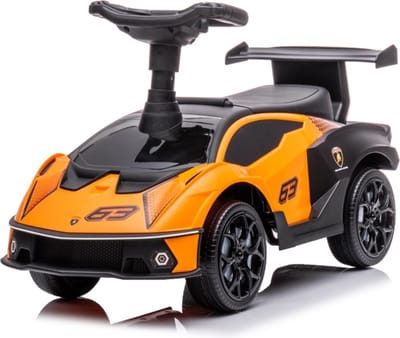 Lamborghini SC63 Loopauto 1 tot 3 jaar – Officieel Gelicentieerde Lamborghini Loopauto met Claxon & Opbergvak – Buitenspeelgoed Peuter met Blokstandaard & Cadeaubox – Oranje