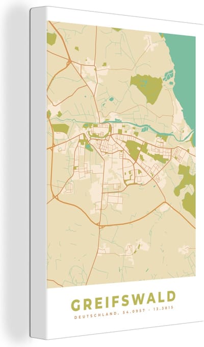 Canvas Schilderij Greifswald - Vintage - Kaart - Stadskaart - Plattegrond - 20x30 cm - Wanddecoratie