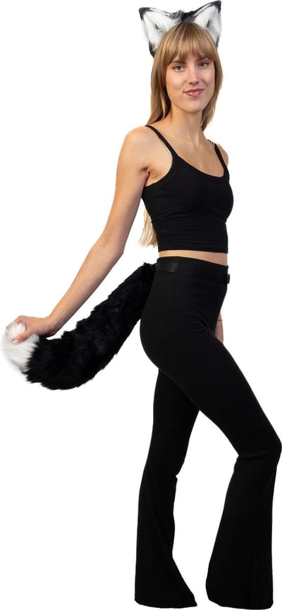KIMU® Haarband Furry Oren & Staart Set Zwart Wit Punt - Kat Poes Vos Diadeem Dons Dieren - Dierenoren Oortjes Oor Vilt Lynx Hond Wolf Haren Festival