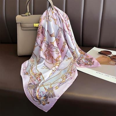 Luxe   Kettingprint Vierkante Zijden Sjaal Voor Vrouwen Hijab Haarbanden 70Cm Neckerchief Vrouwelijke Satijnen Sjaal Lint Hoofdband gray