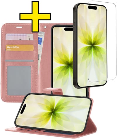 Hoesje - Met Screenprotector - Geschikt voor Apple iPhone 17 - Luxe Pasjeshouder - Bookcase Portemonee - Flip Case - Kunstleer Book Case - Flipcase - Book Cover - Walletcase - Portemonneehoes - Telefoonhoesjes - Rosé goud