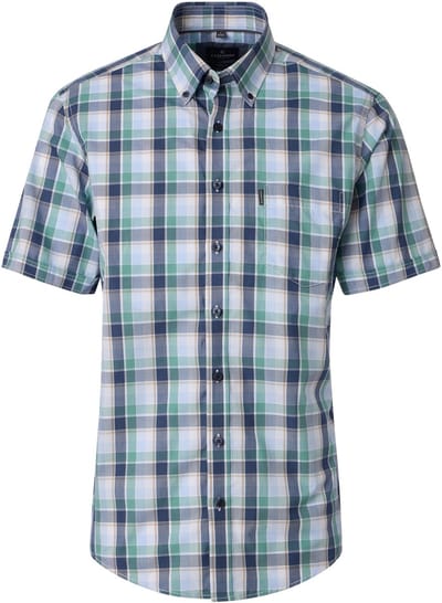 CASA MODA Sport casual fit overhemd - korte mouw - satijnbinding - wit met blauw - groen en beige geruit - Strijkvriendelijk - Boordmaat: 39 - 40