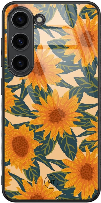 Hoesje geschikt voor Samsung Galaxy S23 - Zonnebloemen - Hard Case Zwart Back Cover - Natuur - Oranje - Mooie Telefoonhoesjes