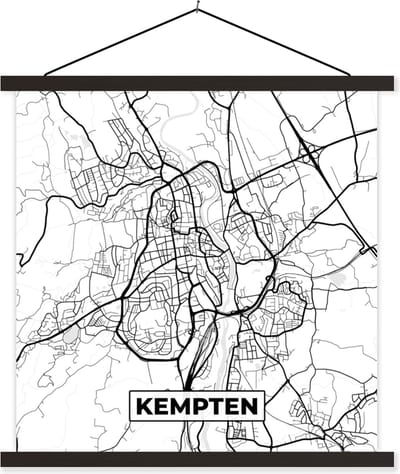 Posterhanger incl. Poster 60x60 cm - Schoolplaat - Plattegrond - Kaart - Stadskaart - Kempten - Textielposter - Zwarte latten - Stadskaart