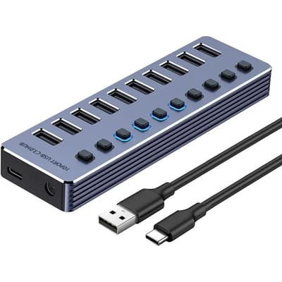 10/7 Poorts USB HUB USB 3.0 5Gbps Splitter Meerdere Uitbreidingsdock met Onafhankelijke Schakelaar 12V Stroomadapter voor PC Laptop Tablets 10 in 1