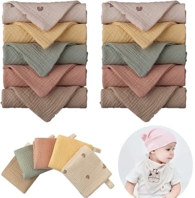 Mousseline Handdoeken 10 Stuks - Babyhanddoek met Capuchon - 23 x 23 cm - 100% Katoen - Zacht en Dik - Sterke Wateropname