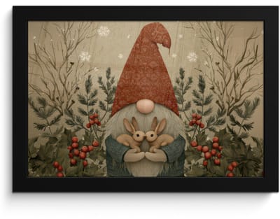 Poster in lijst - Fotolijst 30x20 cm - Posters - Kerstgnome - Konijntjes - Kleurrijk - Posterlijst zwart - Decoratie - Wanddecoratie woonkamer - Muurdecoratie slaapkamer - Kerstversiering - Kerstdecoratie voor binnen - Kerstmis