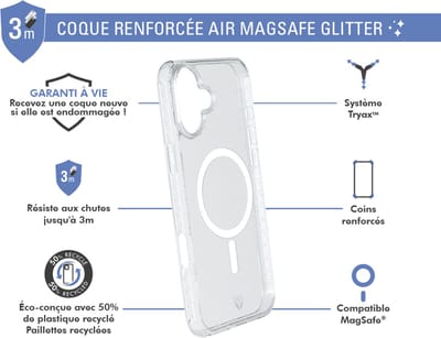 Force Case, Hoesje geschikt voor iPhone 16 Plus - MagSafe AIR Versterkt Tryax System 3m met Glitters, Transparant