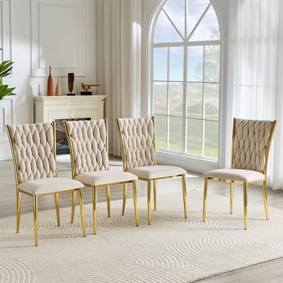 HAUSS SPOLE Eetkamerstoel - Luxe Velvet Design - Gestoffeerde Zitting Met Hoge Rugleuning En Geweven Patroon - Voor Eetkamer En Keuken - Beige Goud