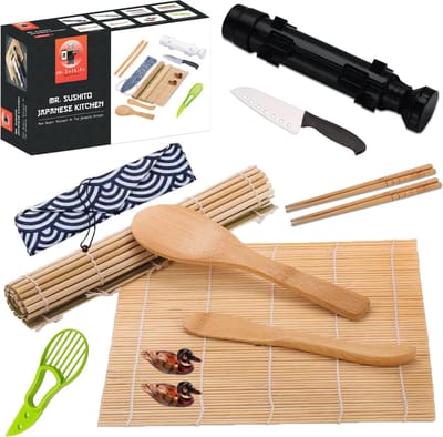 Mr. Sushito XXL Sushi Bazooka set - Sushi Set - Sushi maker - Sushi Servies - Mal - Avocado Snijder - Mes - 4 persoons - Bamboematten - Zwart