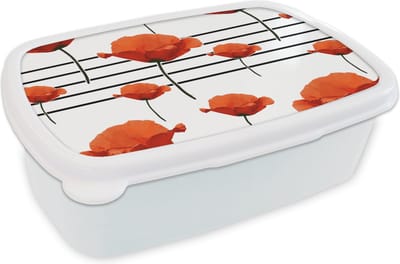 Broodtrommel Wit - Lunchbox - Brooddoos - Muziek - Notenbalk - Klaproos - 18x12x6 cm - Volwassenen