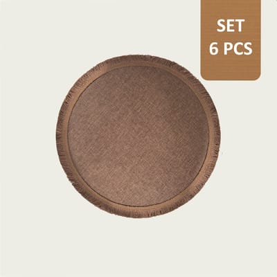 Arca TONDA - Placemats - Rond 39cm - Set van 6 - bruin - met franjes aan de boord in dezelfde kleur - polyester - makkelijk in onderhoud
