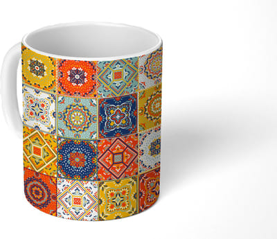 Mok - Koffiemok - Vintage - Bloemen - Patroon - Wit - Oranje - Mokken - 350 ML - Beker - Koffiemokken - Theemok