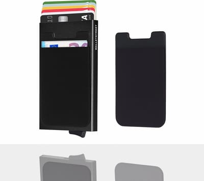 Walletstreet Uitschuifbare Pasjeshouder Slim-Fit Plus Collection Aluminium Creditcardholder/Card Protector Anti-Skim/ RFID 7 Pasjes Met Plakwallet – Voor Mannen & Vrouwen -Kerstcadeau Ideale Geschenk- Zwart/Black