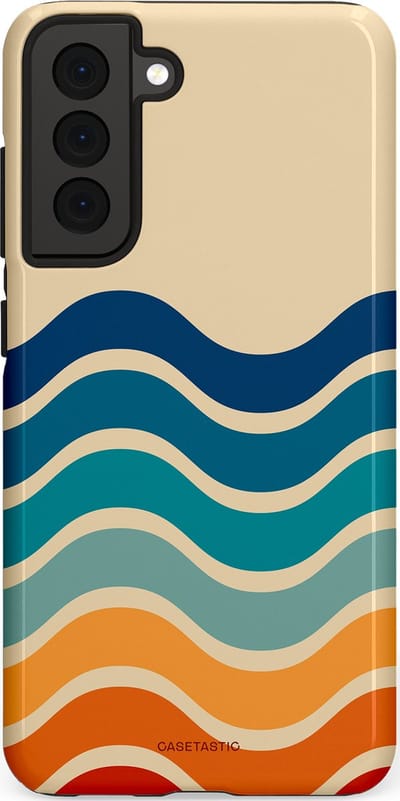 Casetastic hoesje geschikt voor Samsung Galaxy S21 FE 5G - Dubbellaagse bescherming - Nostalgische golven - Fashion Case - Zand Petrol Rood Oranje