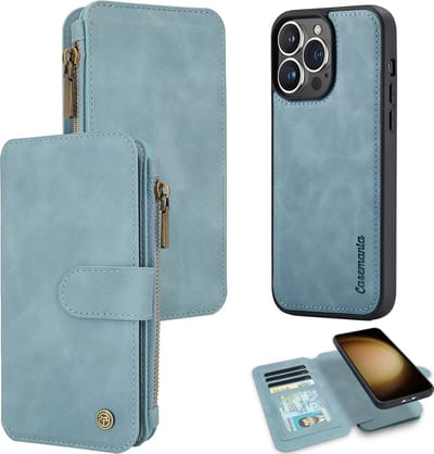 Casemania Hoesje Geschikt voor Apple iPhone 12 Pro Max Aqua Blue - 2 in 1 Magnetic Book Case met Rits