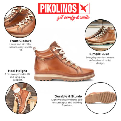 Pikolinos Dames Brandy Bruine Leren Enkellaarsjes - Vigo