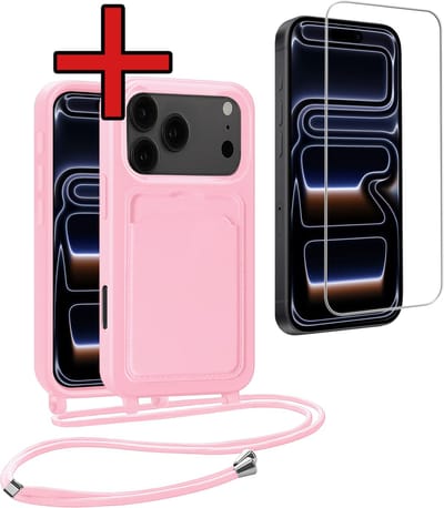 Hoesje Geschikt voor iPhone 17 Pro Max / 18 Pro Max Hoesje Met Telefoonkoord en Pasjeshouder Met Screenprotector Siliconen - Hoes Geschikt voor iPhone 17 Pro Max / 18 Pro Max Hoesje Met Kaarthouder Case - Lichtroze
