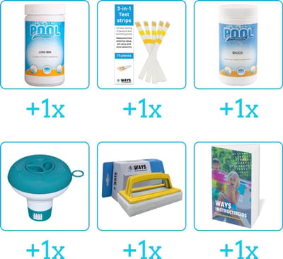Zwembad Onderhoudspakket - Onderhoud Zwembad - bevat Chloor - Testrips - Chloor - Chloordrijver - Scrubborstel en Zwembadgids (6-delig)