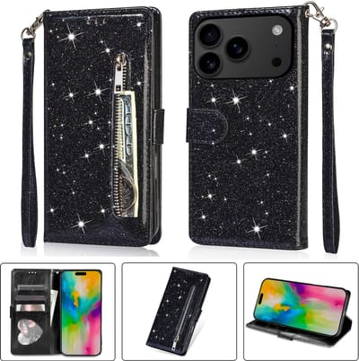 Glitter Bookcase geschikt voor Apple iPhone 17 Pro | Hoogwaardig Kunstleer Hoesje | Wallet Case | Telefoonhoesje | Pasjeshouder | Zwart