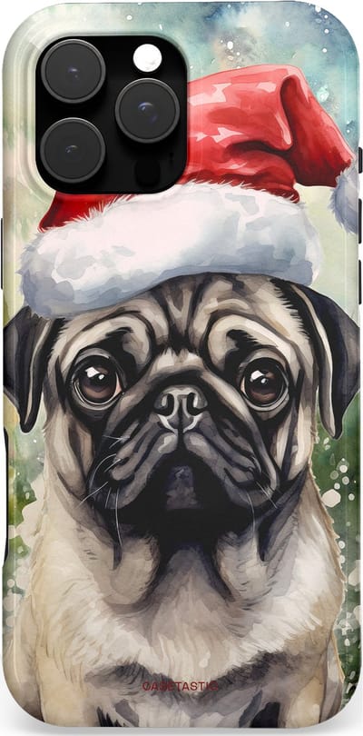 Casetastic Hoesje Geschikt voor Apple iPhone 16 Pro Max Magsafe - Stijlvolle Beschermende Duo-layer Case - Aquarel Kerstmis Pug Hond