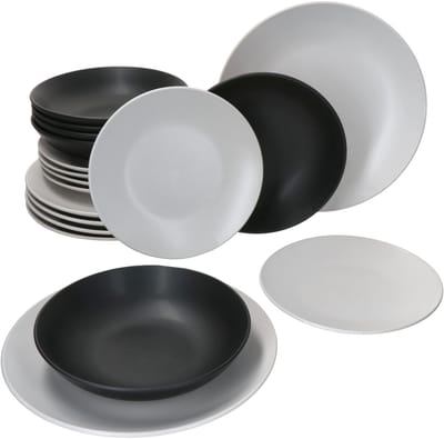 18-delige bordenset Nero Bianco - dinerbord wit, soepbord zwart & dessertbord wit
