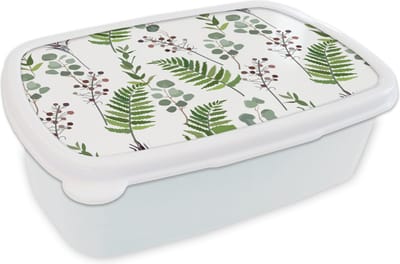 Broodtrommel Wit - Lunchbox - Brooddoos - Planten - Patronen - Bladeren - Kruiden - 18x12x6 cm - Volwassenen