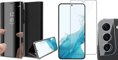 Hoesje geschikt voor Samsung Galaxy S22 - Book Case Spiegel Wallet Cover Hoes Zwart - Tempered Glass Screenprotector - Camera Lens Protector