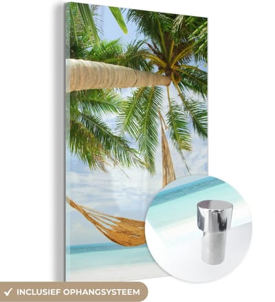 MuchoWow® Glasschilderij 120x180 cm - Schilderij acrylglas - Palmbomen - Hangmat - Zomer - Zee - Foto op glas - Schilderijen