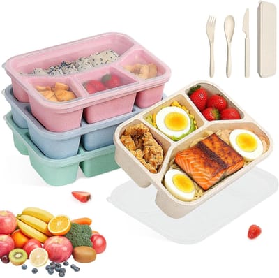 Famanu – 4-pack snackbox met 4 compartimenten, lepelvork en transparante deksels, herbruikbare bento