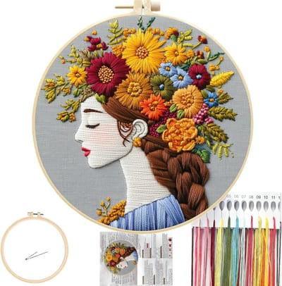 BOTC Borduurpakket - Floral Women Embroidery Kit – Colorful Long Hair Girl Pre-Stamped Pattern- DIY Needlework Kit for Adults