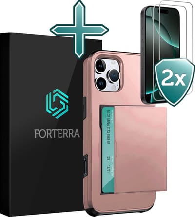Hoesje Geschikt voor iPhone 16 Pro Pashouder Hard Case Hoes Met 2x Screenprotector - Hoes Geschikt voor iPhone 16 Pro Hoesje Back Cover Met Pasjeshouder - Rosé goud