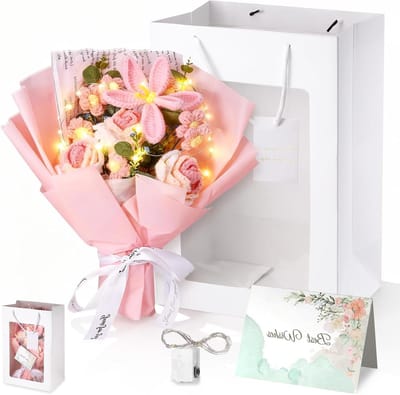 Gehaakte bloemenboeket - Gebreide bloemen - Decoratie huis - Compleet met lichtjes - 30 cm lang - Roze
