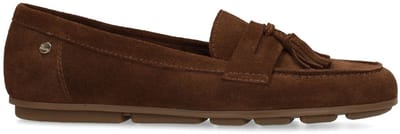 No Stress - Dames - Bruine suède loafers met franjes - Maat 37