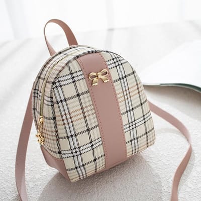 Sac à dos mode pour femme, Petit sac à dos à carreaux color-block, Sac décontracté style frais avec nœud rose