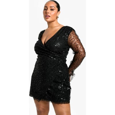 boohoo Dames Plus Kralen- en Paillettenwrapjurk | Black | Maat: 26