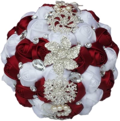 Bruiloft Boeket - Bruidsboeket Bruidsmeisje - Bruiloft Decoratie - Handgemaakt Kristal Diamant - 25cm Hoog 18cm Breed - Wijnrood Wit