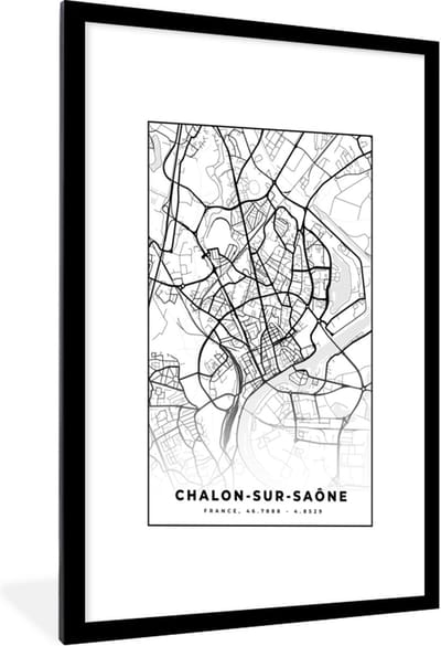 Fotolijst incl. Poster Zwart Wit- Stadskaart - Frankrijk - Chalon-sur-Saône - Kaart - Plattegrond - Zwart wit - 60x90 cm - Posterlijst