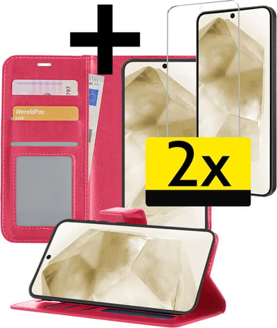 Hoesje - Met 2x Screenprotector - Geschikt voor Samsung Galaxy A55 - Luxe Pasjeshouder - Bookcase Portemonee - Flip Case - Kunstleer Book Case - Flipcase Hoes - Book Cover - Walletcase - Portemonneehoes - Telefoonhoesjes - Donkerroze