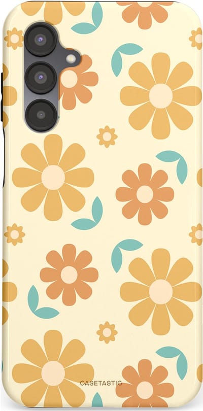 Casetastic hoesje geschikt voor Samsung Galaxy A16 - Dubbellaagse bescherming - Flower power Retro Bloemen - Geel - Oranje - Blauw - Fashion Case - Crème Goud Perzik