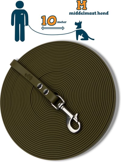 Miqdi BioThane® Sleeplijn 10 meter – zonder handvat – M (13 mm) – olijfgroen – waterdicht & sterk