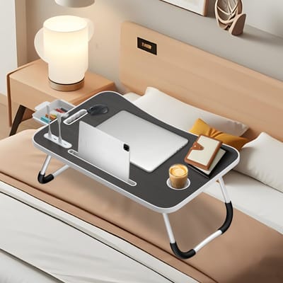 Soontrans Opvouwbaar Laptopbureau, Tafel 60x40cm Lichtgewicht Bedbureau Technisch Ontwerp Multifunctionele Tafel (Kaartsleuf + Bekerhouder + Lade + Lamp + Ventilator, Zwart)