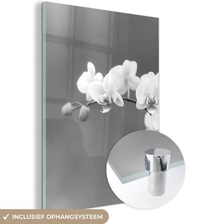 MuchoWow® Glasschilderij 120x160 cm - Schilderij acrylglas - Orchidee - Bloemen - Plant - Wit - Paars - Foto op glas - Schilderijen
