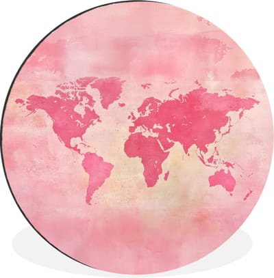 WallCircle - Wandcirkel - Muurcirkel - Wereldkaart - Roze - Vaag - Aluminium - Dibond - 30x30 cm - Binnen en Buiten