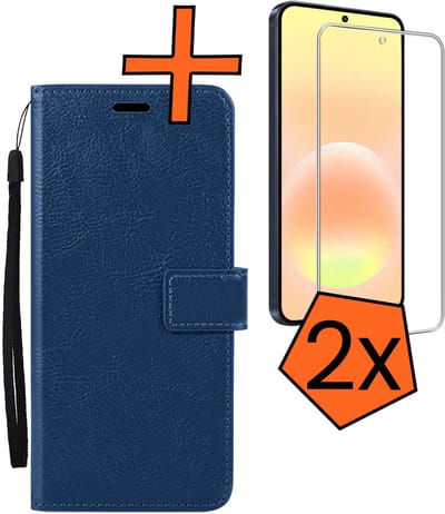Hoes - Met 2x Screenprotector - Geschikt voor Samsung Galaxy A57 - Luxe Pasjeshouder - Bookcase Portemonee - Flip Case - Kunstleer Book Case - Flipcase Hoes - Book Cover - Walletcase - PortemonneeHoes - Donkerblauw